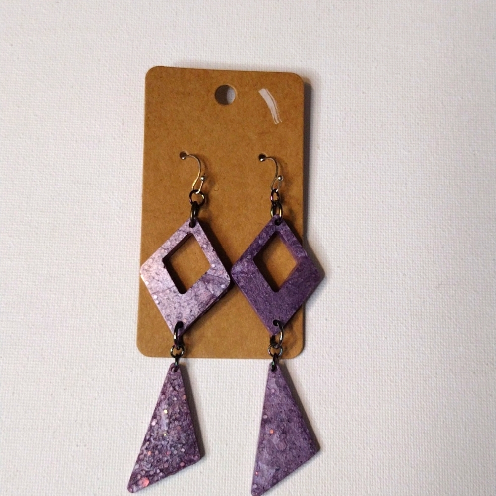 Lilac sparkle triangle double dangle silver hook hypoallergenic pierced earrings
